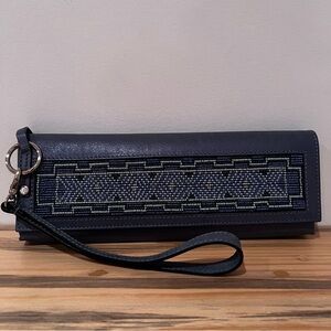 Donald J. Pliner Elegant Navy Blue Leather Beaded Clutch